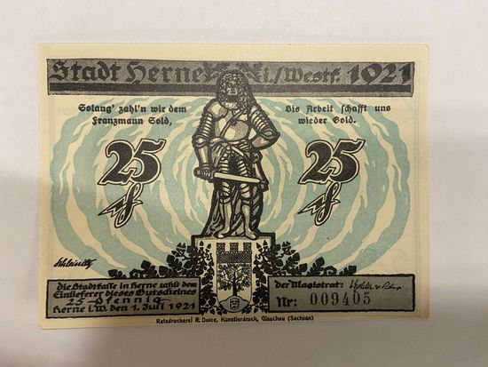 25 пфеннингов (нотгельды) 1921 г. Германия.
