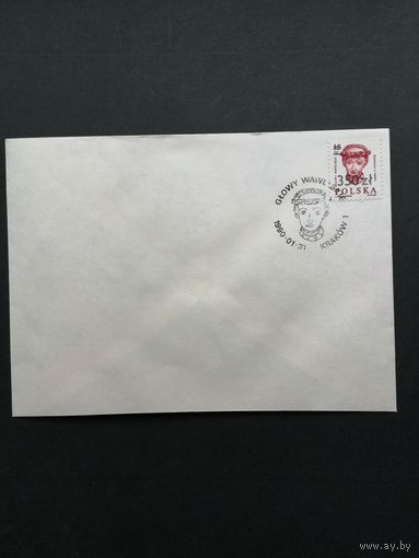 Польша 1990 Конверт с маркой Mi.3168 и надпечаткой на ней нового номинала 350 Zl "Голова в Вавельском замке Кракова" (спецгашение) Mi.3253 каталог 1.50 евро