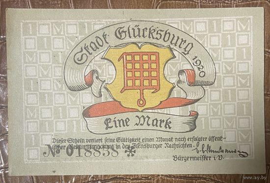 Нотгельд 1 марка 1920 год. Глюксбург. Веймарская республика