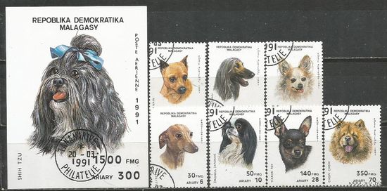 Республика Мадагаскар. Собаки. 1991г. Mi#1299-305+Бл157.