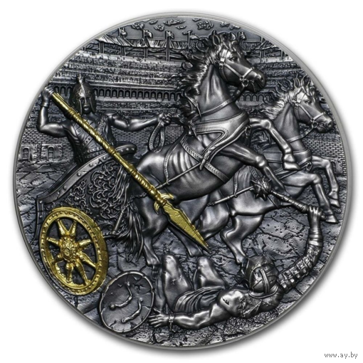 Ниуэ 5 долларов 2019г. "Война на колесницах". Монета в капсуле; подарочной рамке - футляре; сертификат; коробка. СЕРЕБРО 62,20гр.(2 oz).