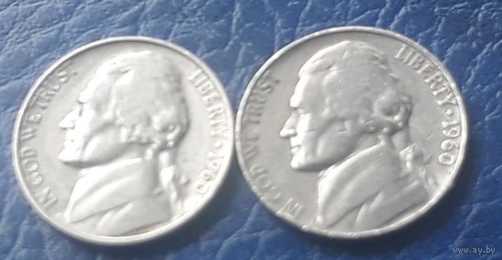 5 центов  1960 D и Р США Джеферсон 2 монеты