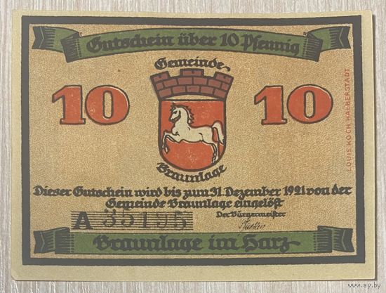 Нотгельд Браунлаг, 10 пфеннигов, 1921 год Веймарская республика.