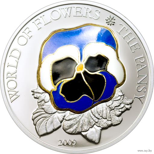 Острова Кука 5 долларов 2009г.  "Мир цветов: Анютины глазки (цветная эмаль)". Монета в капсуле; сертификат. СЕРЕБРО 25гр.