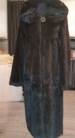 НОРКОВАЯ ШУБА ЦВЕТА "DARK BROWN". ШУБА С КАПЮШОНОМ. ДЛИНА 110 СМ.