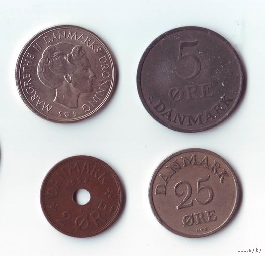2 эре 1928, 5 эре 1951, 25 эре 1949, 1 крона 1975, Дания.