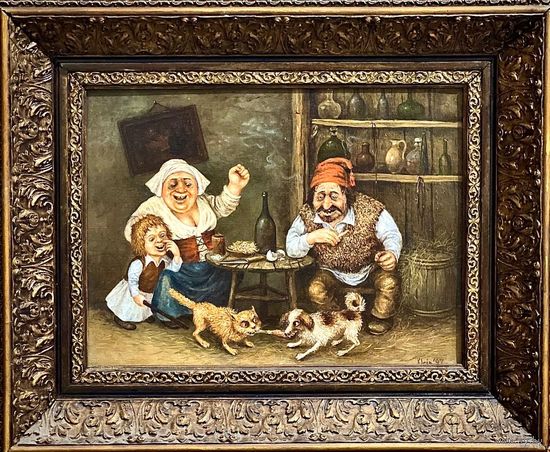 Почицкий В.В (dr. Klein). "Невинные забавы в театре простых страстей" или "Кость раздора". 1997 год. Холст, масло. Размер 47х58 см.