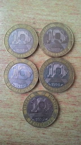 Франция, сборный лот 10 франков 1988, 1989, 1990, 1991, 1992 годов.