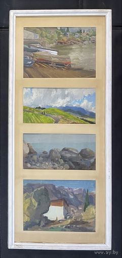 Бржозовский Г.Ф "Крымские пейзажи", картон, масло. Размер с родной рамой и паспарту 104х44см.