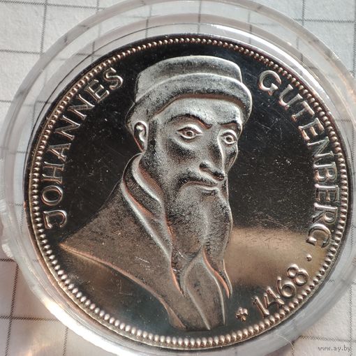 5 марок ФРГ 1968 г .В честь 500-летия со дня смерти Иоганна Гутенберга. Серебро.