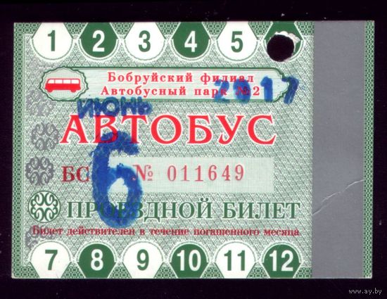 Проездной билет Бобруйск Автобус Июнь 2017