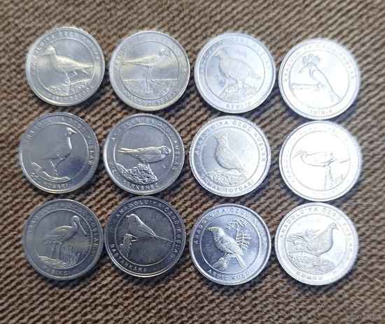 Турция 1 куруш 2020 г. Птицы Анталии. Комплект 12 шт.