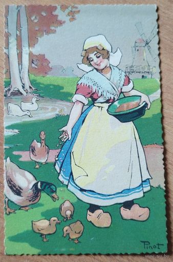 Девушка и утки. Рис. Пино. Голландия. ЧИСТАЯ. До 1910