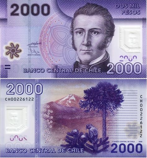 Чили 2000 песо 2021 год UNC (полимер с голограммным портретом)