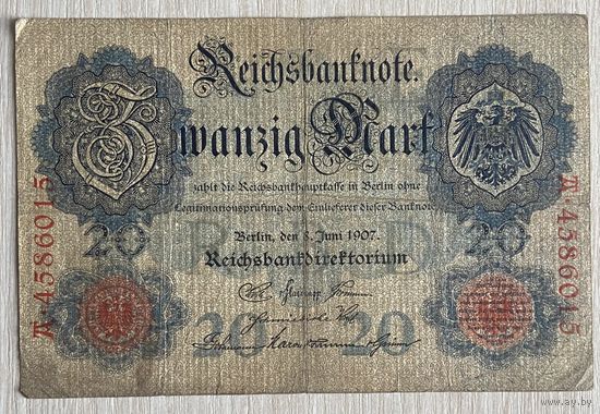 Банкнота 20 марок 1907 год. Германская империя. С рубля без МЦ.
