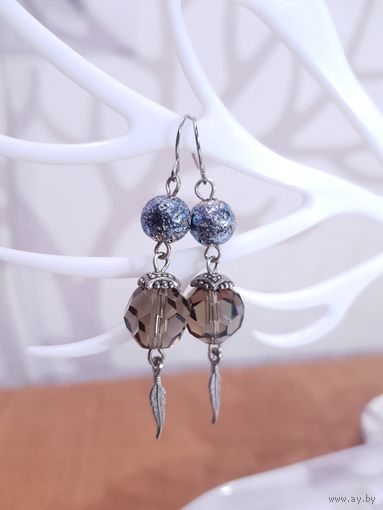 Лот С 1 РУБЛЯ! много лотов! Серьги из камня лавы и чешского дымчатого стекла, сталь