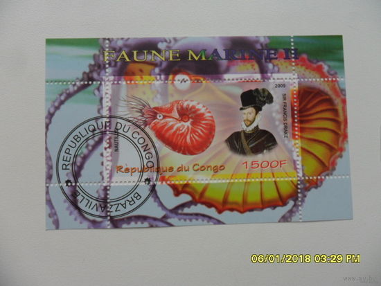 Марка Конго - SIR FRANCIS DRAKE 2009, используется штамп M/S морская фауна II, сэр Фрэнсис Дрейк