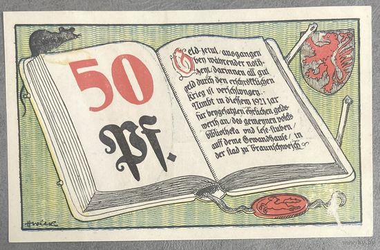 Нотгельд 50 пфеннигов 1921 год. Брауншвейг,. Веймарская республика