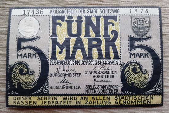 Werty71 Германия 5 марок 1918 банкнота Шлезвиг
