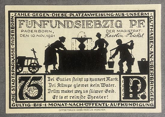 Нотгельд 75 пфеннигов 1921 год. Падерборн. Веймарская республика.