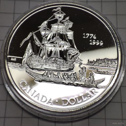 1 доллар Канады 1999 года. 225- летию экспедиции Хуана Переса и открытию острова Королевы Шарлотты. Серебро 925 пр.