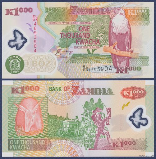 Замбия, 1000 квача 2008 г., P-44f (полимер), UNC