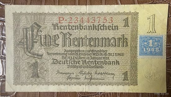 Банкнота 1 марка 1937 год. С маркой использования 1948 год. Веймарская республика.