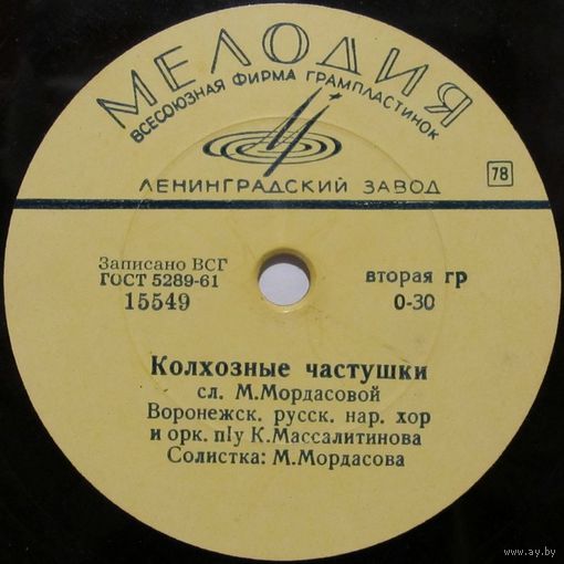 Воронежский русский народный хор и оркестр под управлением К. Массалитинова - Колхозные частушки / Здравствуй, милая, хорошая моя (10'', 78 rpm)