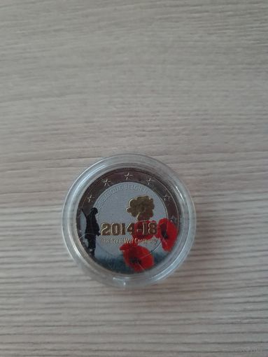 2 евро 2014 год, Бельгия 100 лет Первой мировой войне, ЦВЕТНАЯ в капсуле, UNC