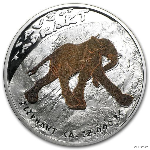 Ниуэ 1 доллар 2011г. "Наскальные рисунки. Пещера Тадрарт-Акакус: Слон". Монета в капсуле; подарочном футляре; номерной сертификат; коробка. СЕРЕБРО 15,50гр.(1/2 oz).