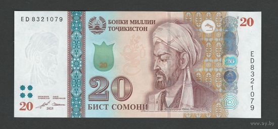 Таджикистан 20 сомони 2025 года. Тип Р-25. Состояние UNC!