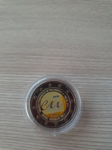2 евро 2010 год, Бельгия Председательство в ЕС, ЦВЕТНАЯ в капсуле, UNC