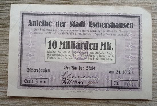 Werty71 Германия 10 миллиардов марок 1923 банкнота Гроссгельд  Эшерсхаузен Нижняя Саксония