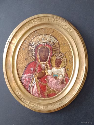 Икона образ Ченстоховская медальон плакетка ручная разрисовка Царство Польское царская Россия XIX нач. XX в