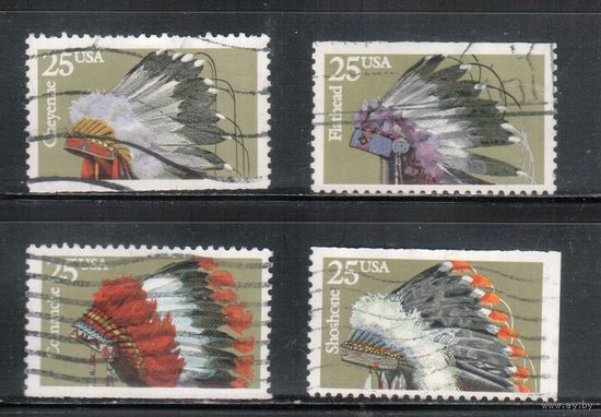 США-1990, (Мих.2099-2102),   гаш. ,Индейцы, Головные уборы  , 4 марки
