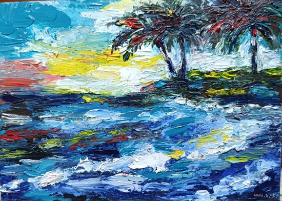 Картина маслом ручная работа, море, 15x21