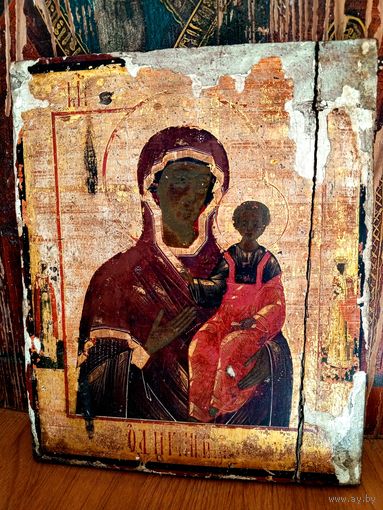 Антикварная икона Богородица Одигитрия Смоленская,живопись по золоту, Урал, Невьянск, 18-19 век, 27х22 см