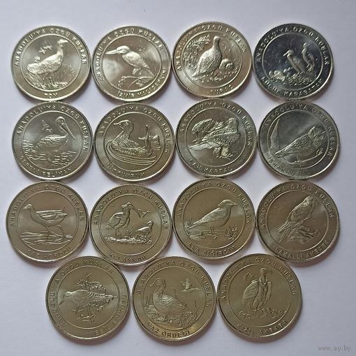 Турция 1 куруш 2018 Красная книга, Птицы набор 15 монет UNC