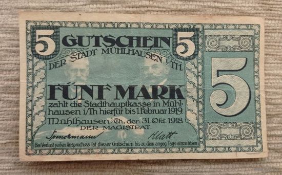 Werty71 Германия 5 марок 1918 банкнота Мюльхаузен