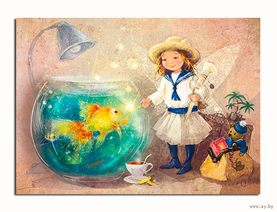 Открытка. Фея. Дети. Девочка. Аквариум. Рыбки. Художник Ек. Бабок (чистая)