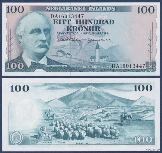 Исландия, 100 крон 1961 г., P-44a(6) (DА, сенатор Трюггви Гуннарссон, вулкан Гекла), UNC