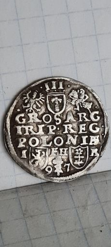 С 1 РУБЛЯ ! МОНЕТА  СЕРЕБРО III ГРОША  ВКЛ ПОЛЬША  СИГИЗМУНД III 1597 ГОД.