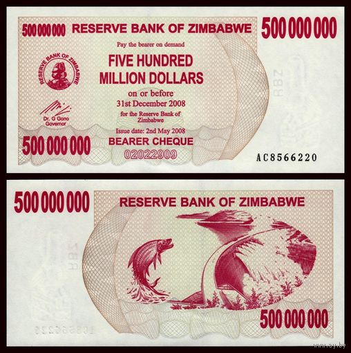 Зимбабе 500000000 долларов образца 2008 года UNC p60