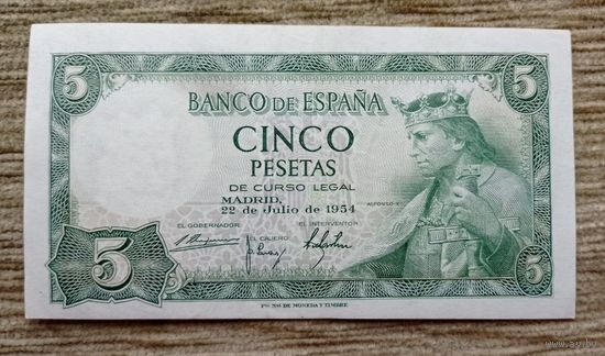 Werty71 Испания 5 песет 1954 UNC банкнота