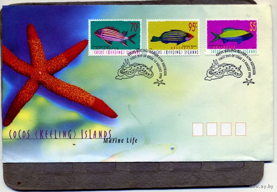 КОНВЕРТ КОКОСОВЫЕ ОСТРОВА,  КПД, 1998  жизнь моря   Mi 367-369 9.5евро