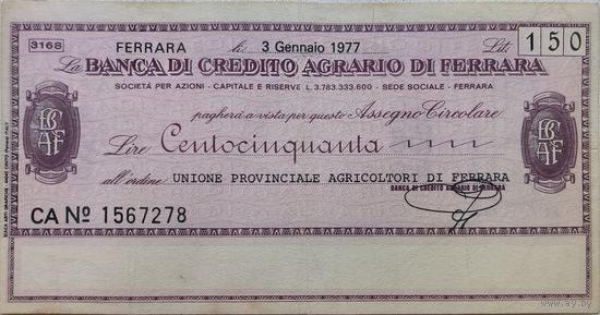 Италия 150 Лир, Банковский Чек 1977 VF 507