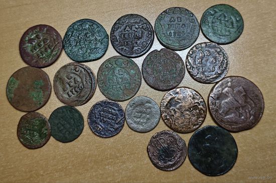 18 медных монет. Полушки, деньги, копейки.