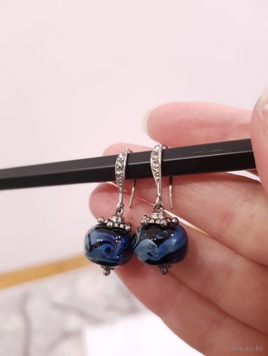Серьги ручной работы из стекла (lampwork), сталь с фианитами