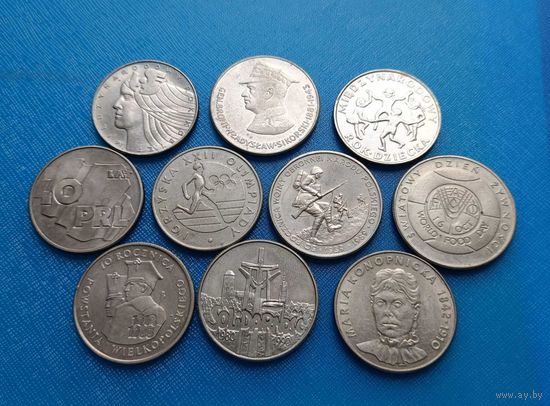 Польша, Набор монет 10шт. - "Юбилейка " 1975-1990 год, состояние XF-UNC.