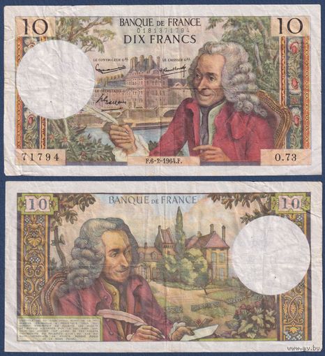 Франция, 10 франков 1964 г., P-147 (F, философ Вольтер), VG